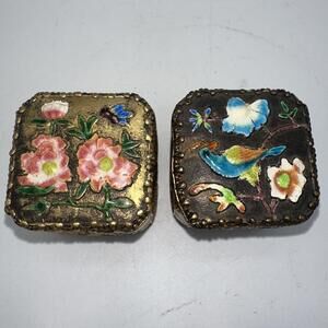 VTG Lot Of 2 Gilt Brass Enamel Trinket Boxes Pair Mirrored Vanity Bird Floral